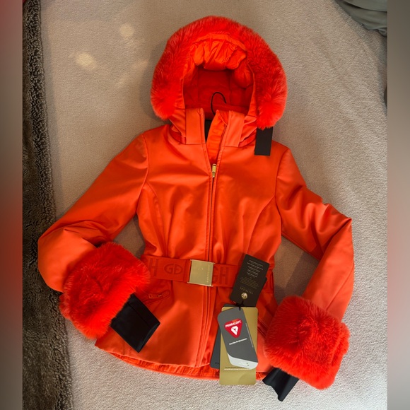 NWT Goldbergh Giselle Softshell Down Jacket With Fur Cuffs in Orange size 34 - Picture 2 of 3
